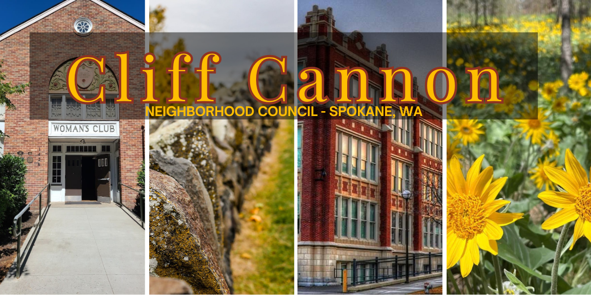 Cliff Cannon Neighborhood Council, Spokane, WA. A four-image banner showing the brick Woman’s Club building with its ramped entrance, a moss-covered basalt rock wall, the historic Lewis & Clark High School, and bright yellow arrowleaf balsamroot wildflowers.