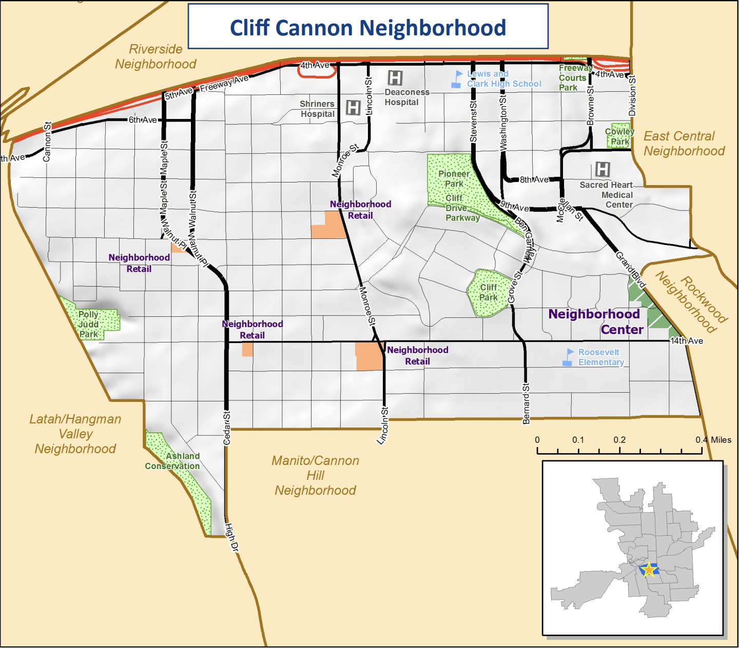 Map of the Cliff Cannon neighborhood in Spokane, bounded by Interstate 90 to the north, 16th Avenue to the south, the Bluff above Latah Creek to the west, and Division Street and Grand Boulevard to the east, with Cliff, Cowley, Polly Judd, and Edwidge Woldson parks marked.